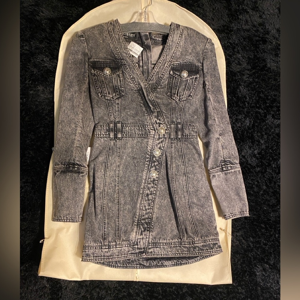 BALMAIN - grey denim mini dress